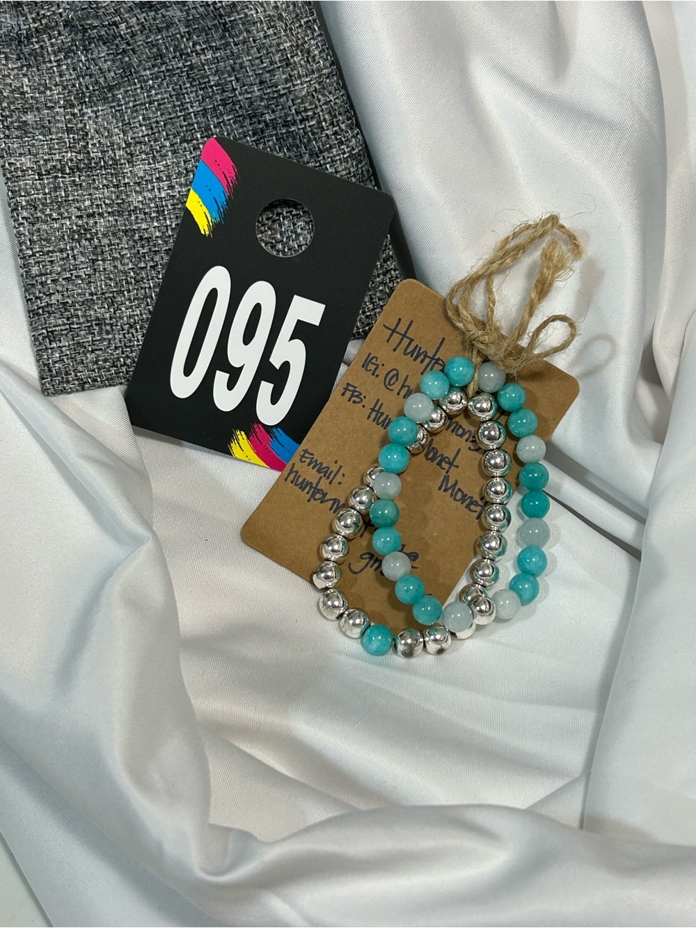 B.095 - Turquoise Beaded and Silver Stretch Bracelet Set